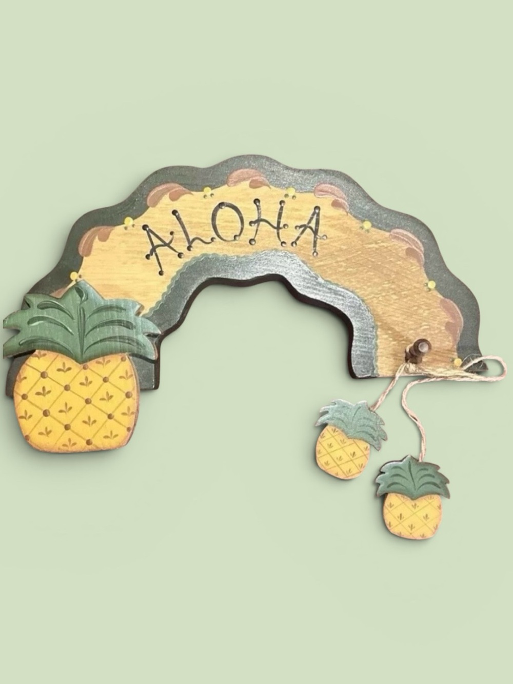 Vtg Wooden Aloha Pineapple Wall Hanging Sign Arch Hawaiian Tropical Tiki Decor